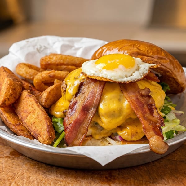 A cheeseburger with bacon and a fried egg, served with potato wedges and onion rings.