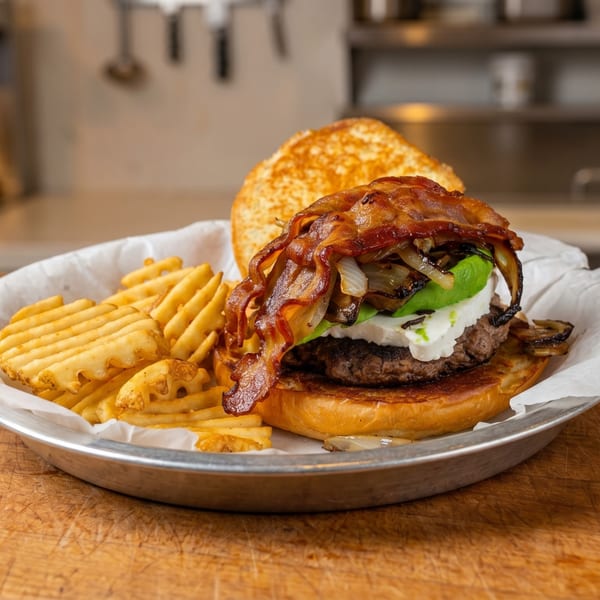 Gourmet burger with bacon, avocado, goat cheese, and caramelized onions, served with waffle fries.