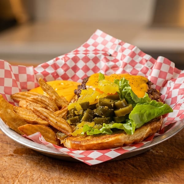 Open-faced burger with melted cheese, jalapeños, lettuce, and waffle fries in a red checkered basket.