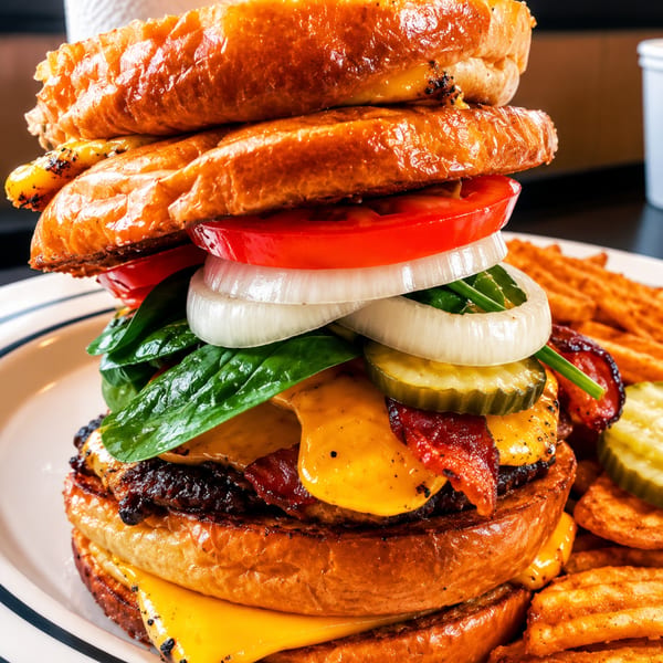 A towering burger with bacon, cheese, lettuce, tomato, onion, and pickles, served with fries.