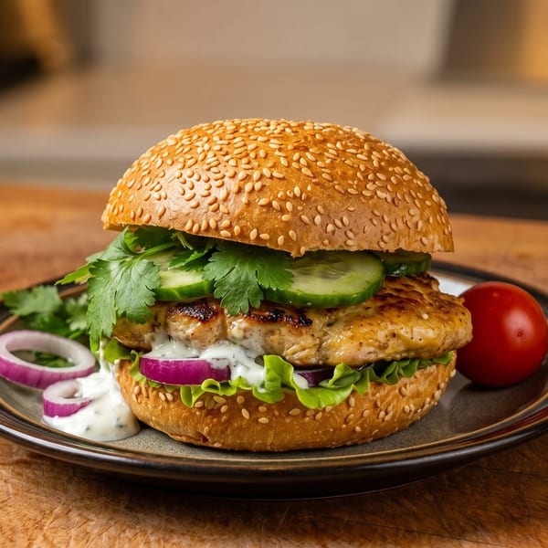 Grilled chicken burger with lettuce, red onion, cucumber, cilantro, and white sauce on a sesame bun.